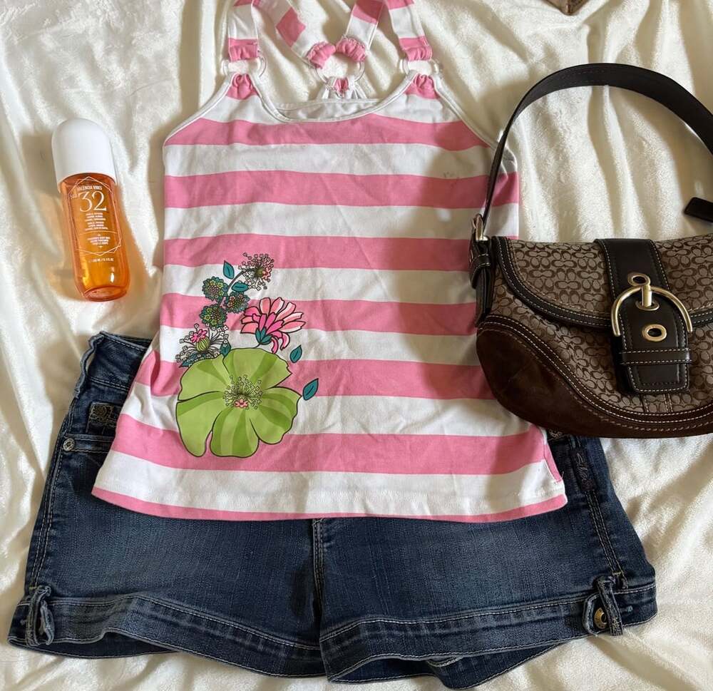 Pink and White Striped Floral Y2K Tank Top with Racerback and O-Ring Straps